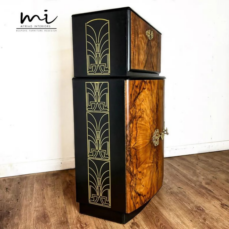 SOLD commissions available Art Deco refurbished cocktail cabinet, walnut drinks cabinet, black, statement, gin bar, upcycled, vintage - SOLD commissions available