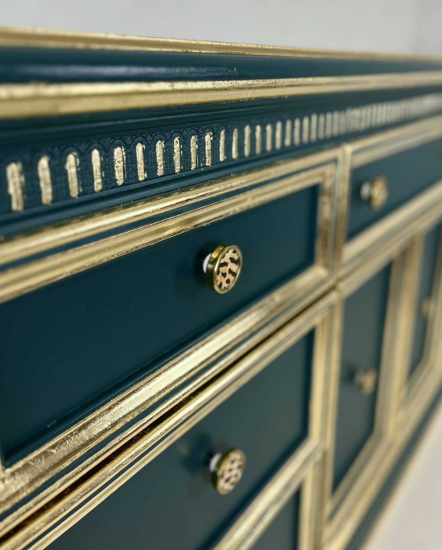 Luxury upcycled Georgian sideboard painted Teal green with gold leaf