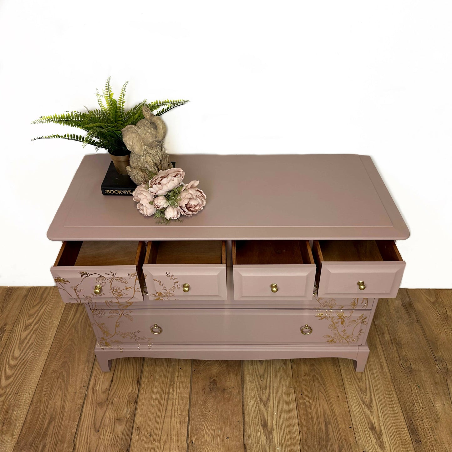 MADE TO ORDER Pretty dusky pink Stag Minstrel Chest of Drawers with gold bird song design, vintage, dresser, blossom, mcm, sideboard
