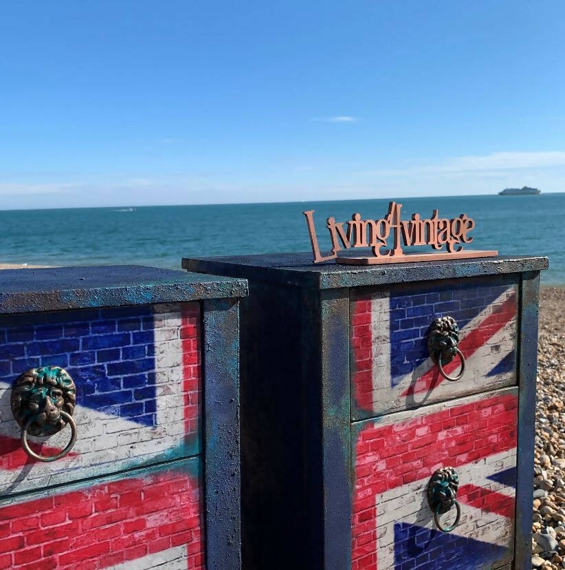 Pair Bedside Tables Union Jack Furniture Grungy Texturized Blue Bedside Cabinets Decoupaged Cabinets