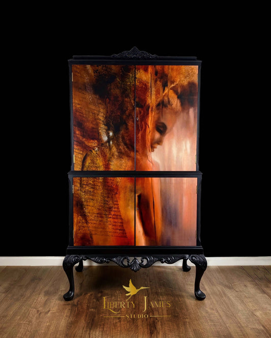 Gigi | Art Deco Vintage Cocktail Cabinet | Antique Upcycled Queen Anne Drinks Cabinet | Gin Bar Storage | Black Home Bar Furniture