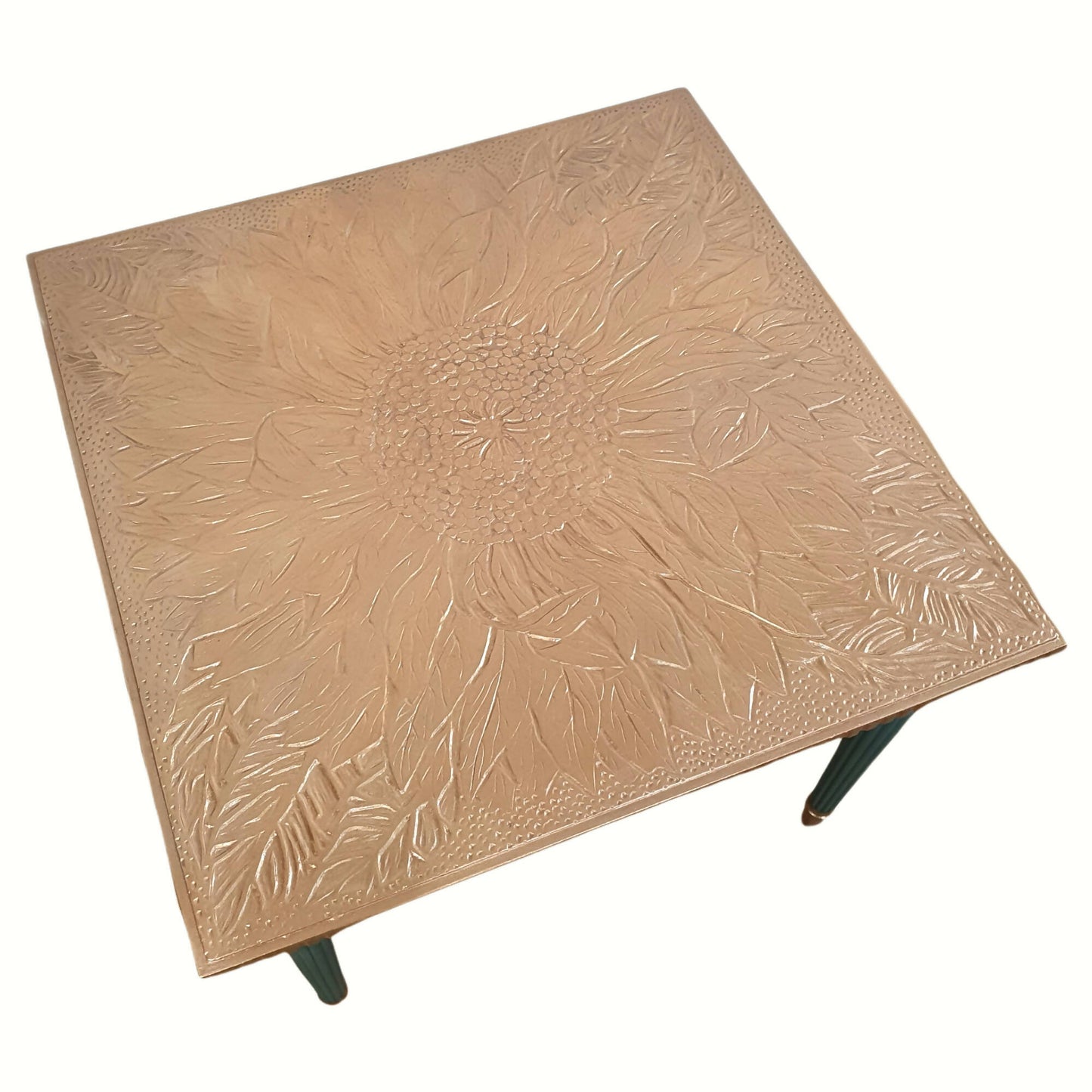 Vintage painted coffee table, square table, hand painted in dark green mineral paint with gold metallic top & gold detailing to the base