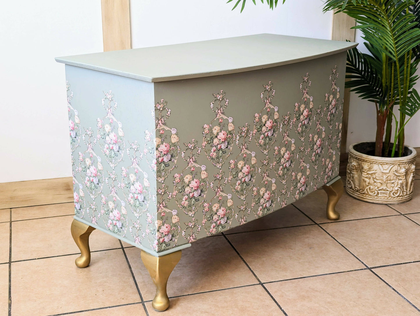Vintage upcycled floral green and gold blanket box, Queen Anne legs storage chest, french style Ottoman