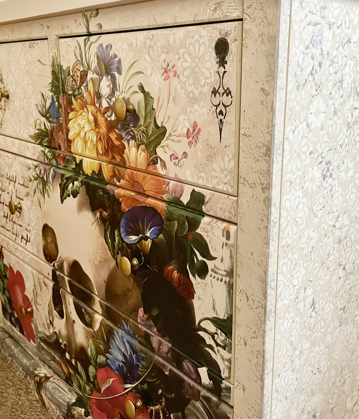 Stunning Skull & Flowers Chest of Drawers
