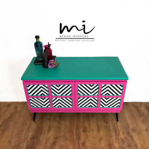 Made To Order Bright refurbished Nathan sideboard, media unit, retro, pink, black, white, maximalist, kitsch console geometric - commissions available