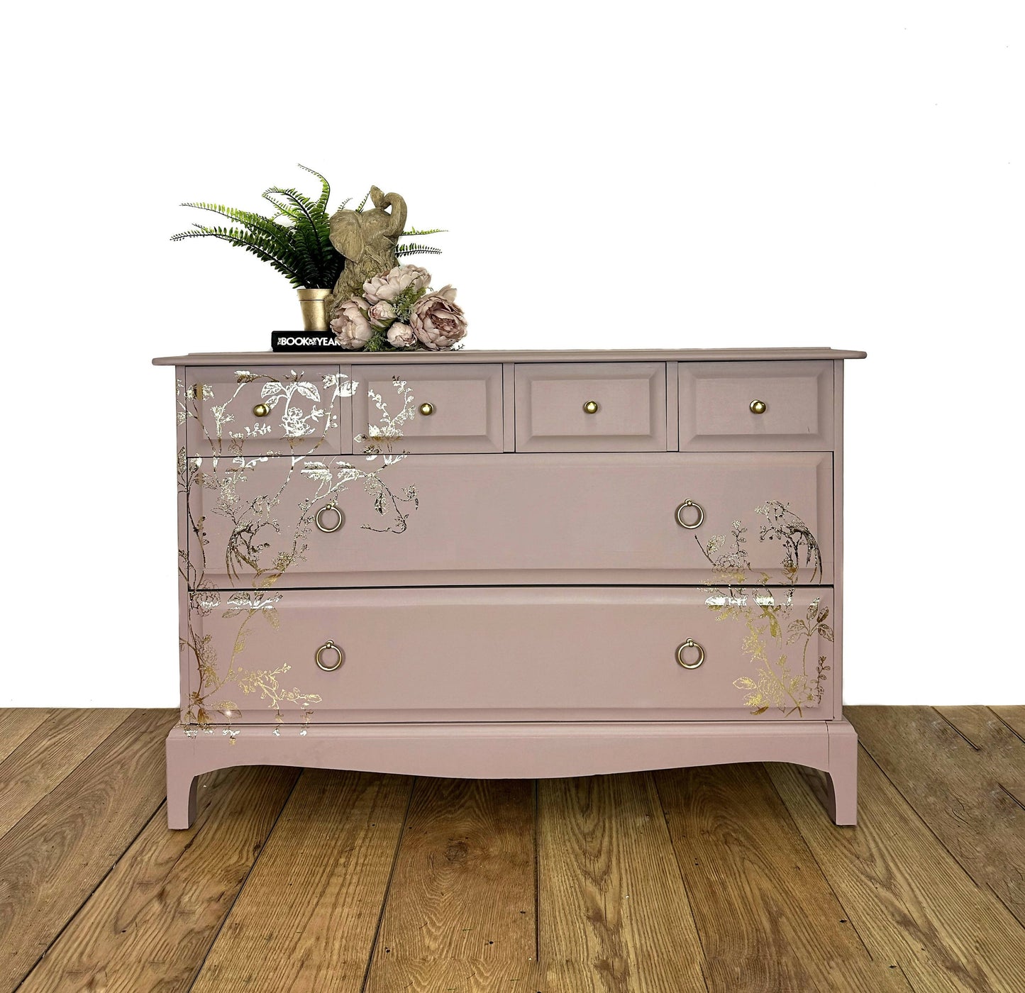 MADE TO ORDER Pretty dusky pink Stag Minstrel Chest of Drawers with gold bird song design, vintage, dresser, blossom, mcm, sideboard