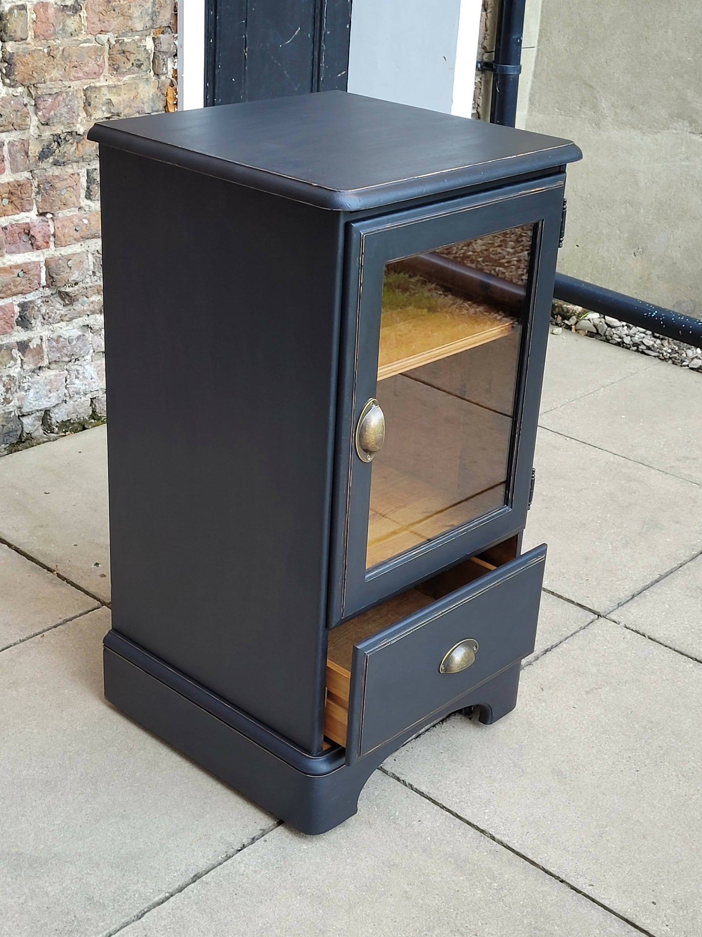 Navy Blue Pine Cupboard Display Cabinet With Drawer