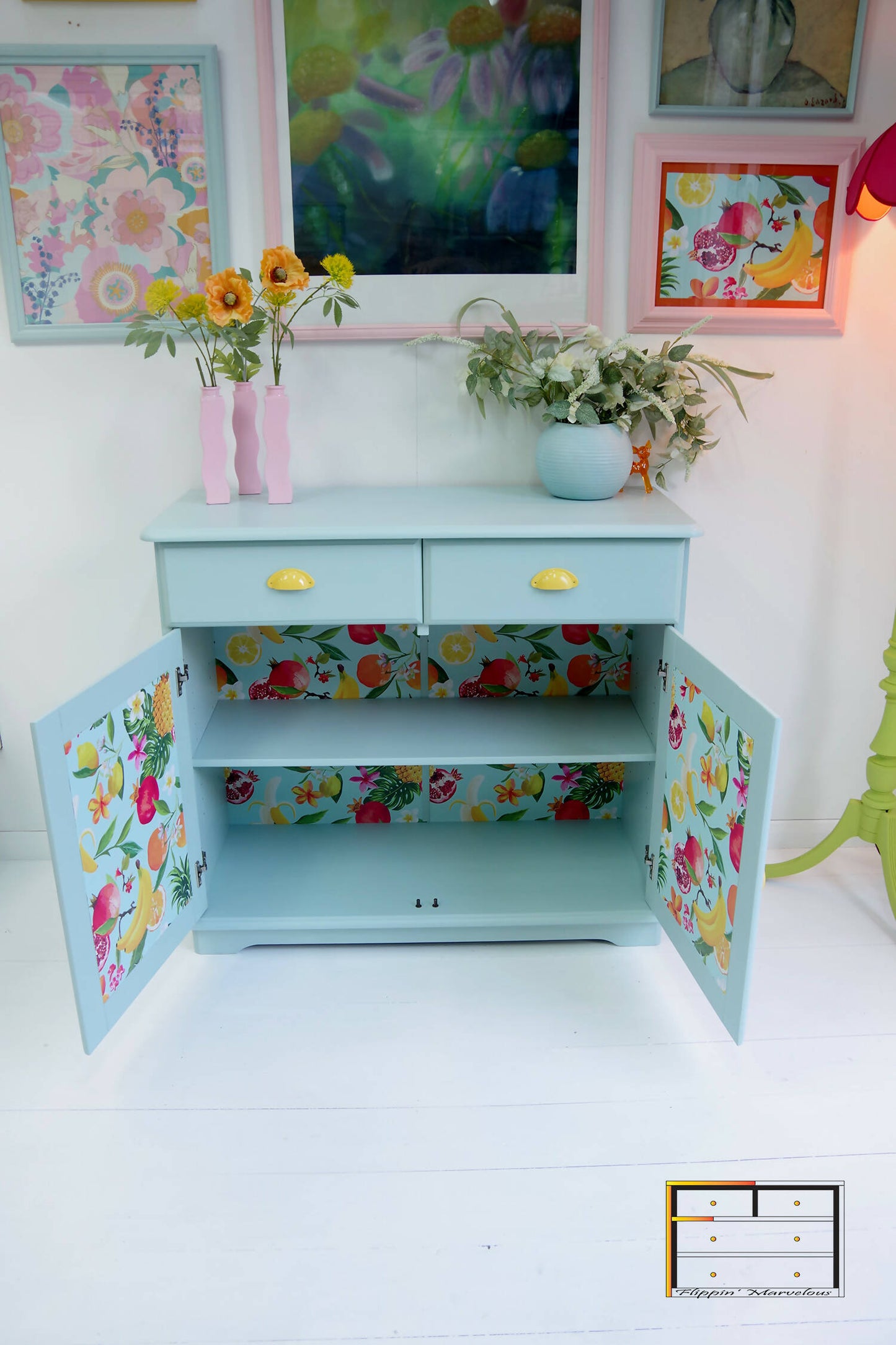 Vintage Pine Retro Sideboard, Teal Kitchen Cupboard Tropical Interior, 1970s Pastel Dopamine Decor Storage Unit, Yellow Cup Handles