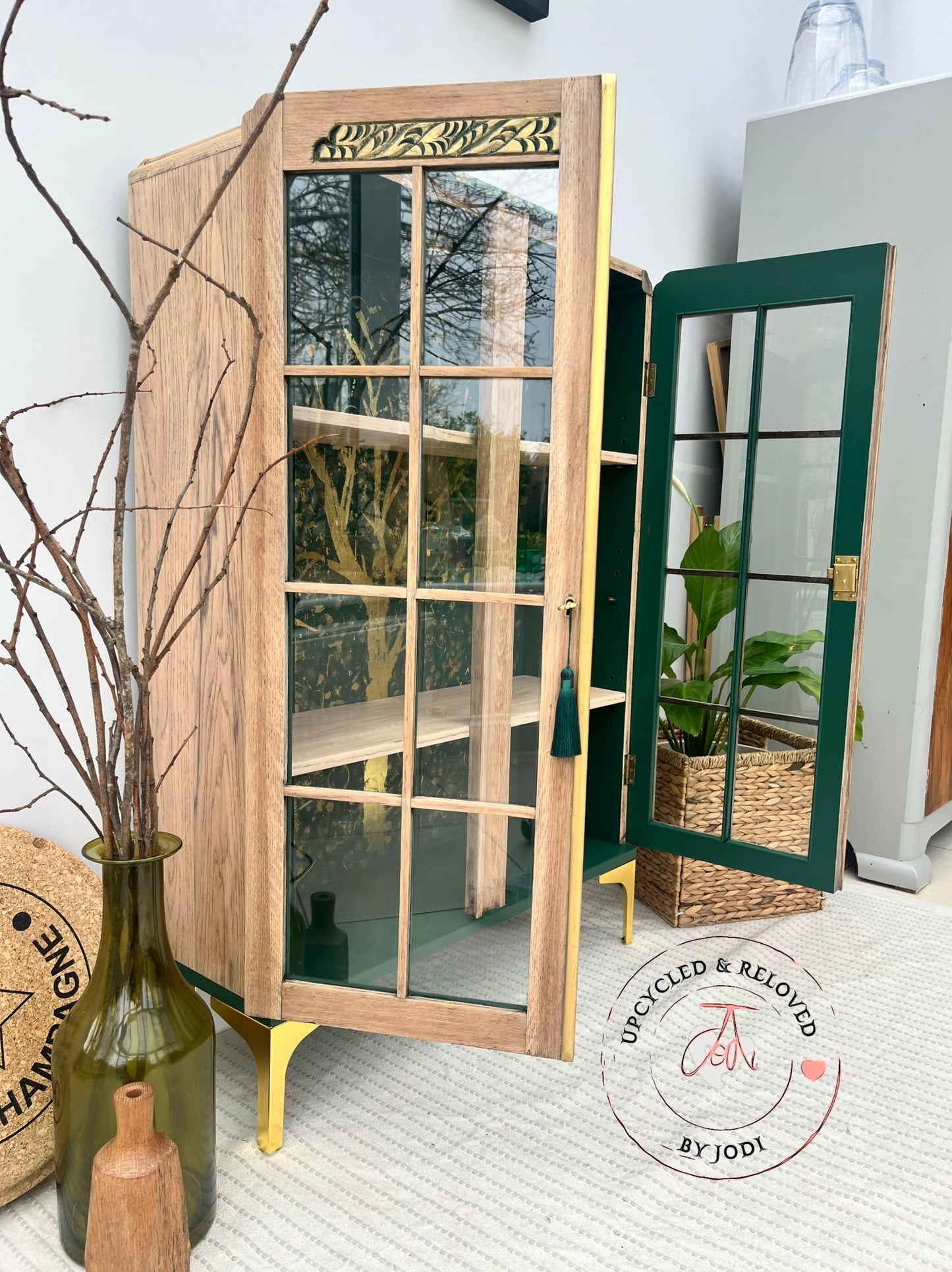SOLD! Commissions available: Light Oak Cocktail Cabinet with stunning green & gold interior