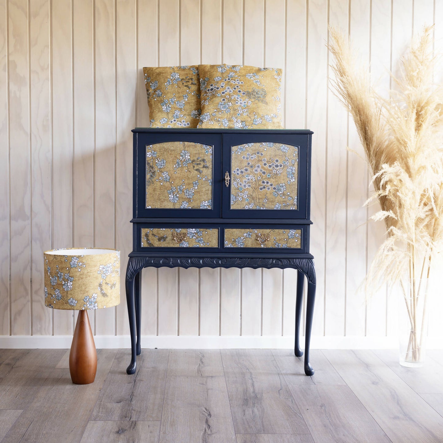 Exceptional vintage cocktail cabinet in midnight blue, boasting an oriental-inspired design. Sold, commission available.