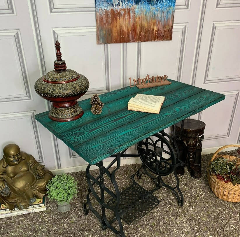 Sewing Machine Table TV Stand Yakisugi Charred Wood Table Turquoise
