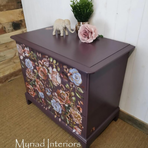 Pretty Stag Minstrel Chest Of Drawers, deep purple with floral design, large bedside table, sideboard, maximalist - commission available