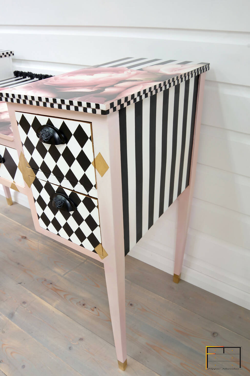 ****** SOLD OUT ****** Whimsical Edwardian Desk & Chair, Black, White, Roses, Diamonds, checks and stripes Alice in Wonderland Dressing Table and Windsor Chair