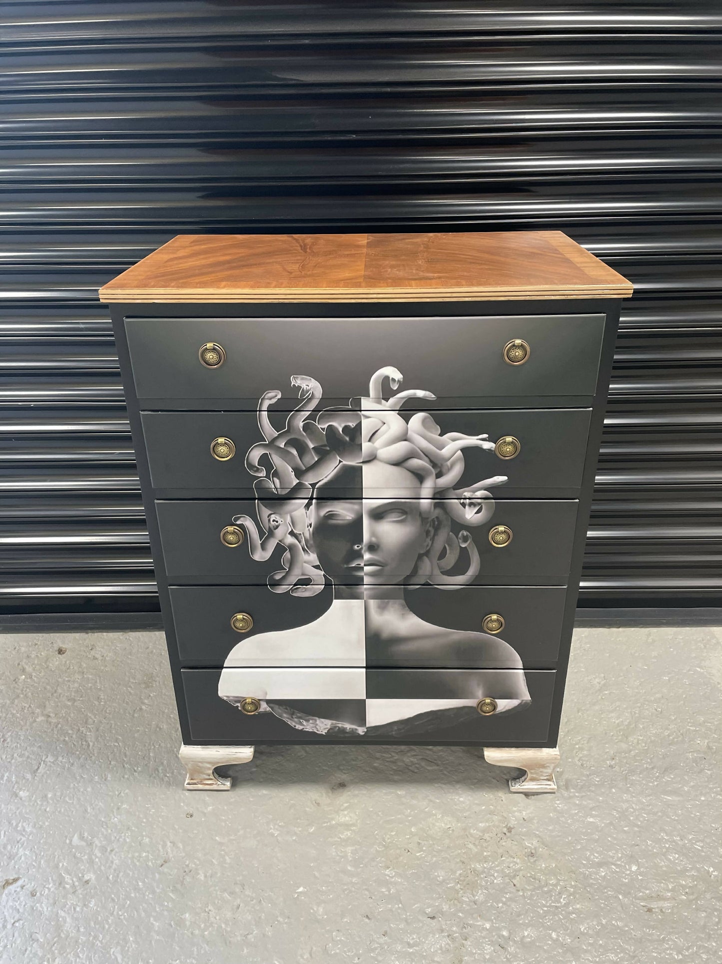 Black stunning G-Plan solid wood chest of five drawers.