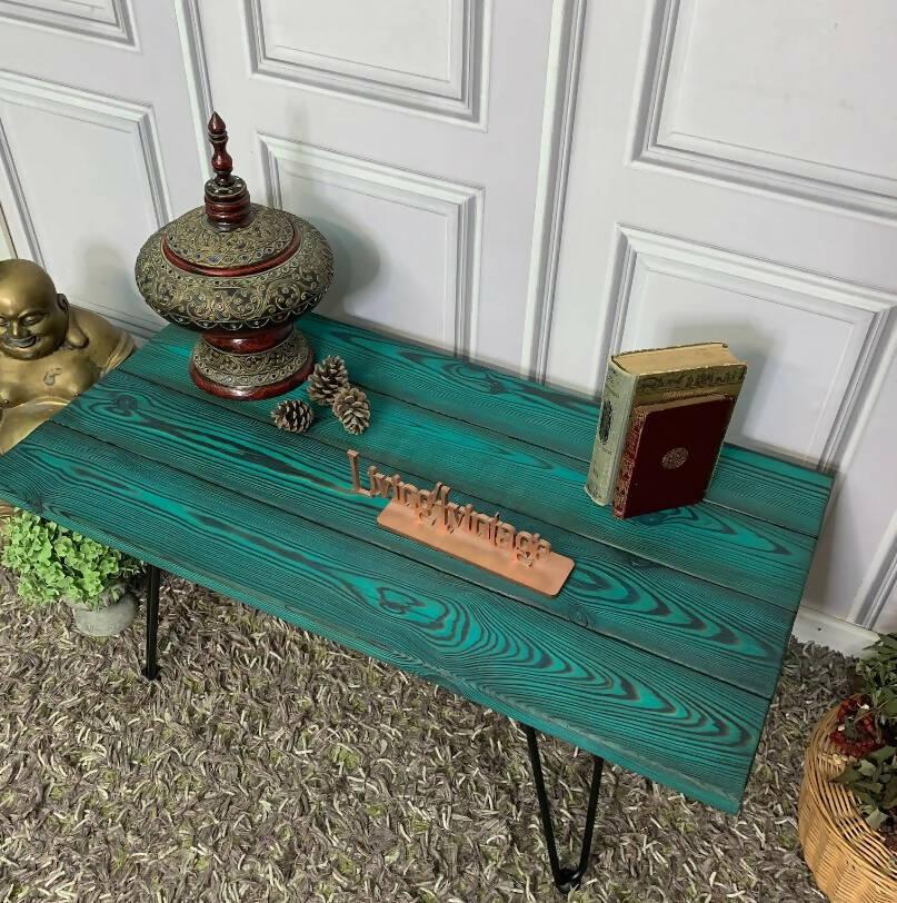 Solid Pine Coffee Table with Hairpin Legs Turquoise Charred Wood Yakisugi Technique