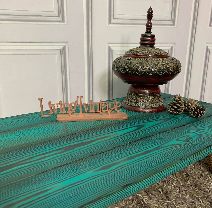 Solid Pine Coffee Table with Hairpin Legs Turquoise Charred Wood Yakisugi Technique