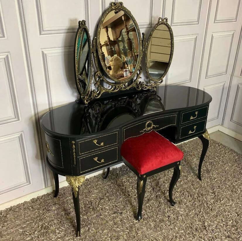 Black Antique Carved Dressing Table With Mirror and Matching Stool