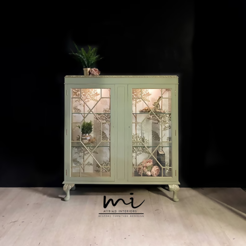 Made To Order - Vintage display cabinet, glass, pale sage green and gold. Drinks cocktail cabinet, sideboard, cupboard - commissions available