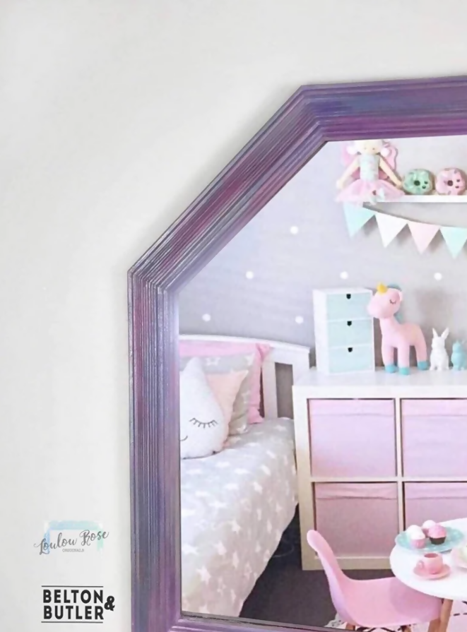 Hexagon shaped mirror hand painted in pink tones, Decorative Framed Mirror