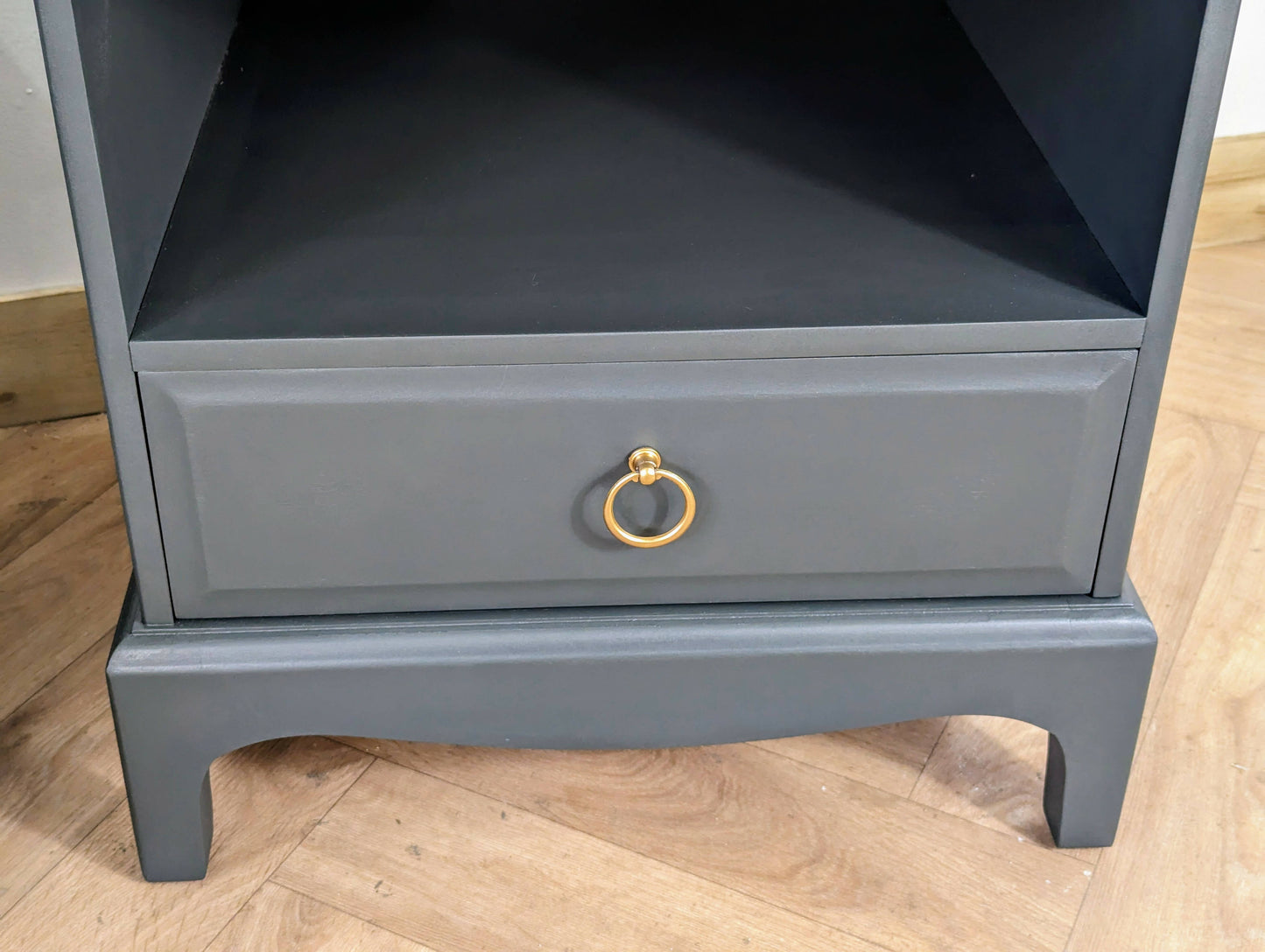Stag Bedside Tables, spray painted Dark Green Gold bedside drawers, Stag Minstrel nightstands