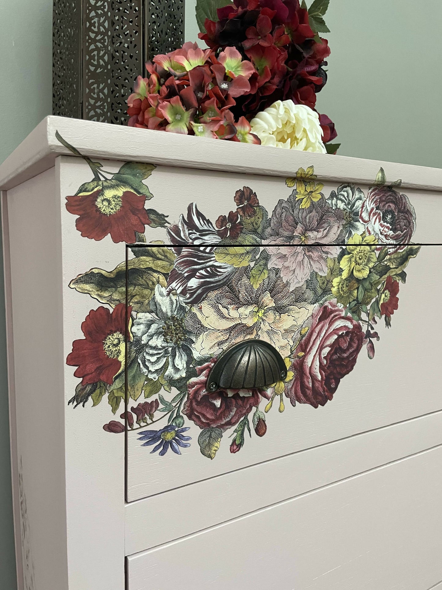 Vintage Pink Floral Tallboy Bedroom Drawers