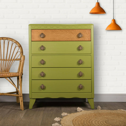 Vintage Green Lebus Tallboy Chest of Drawers