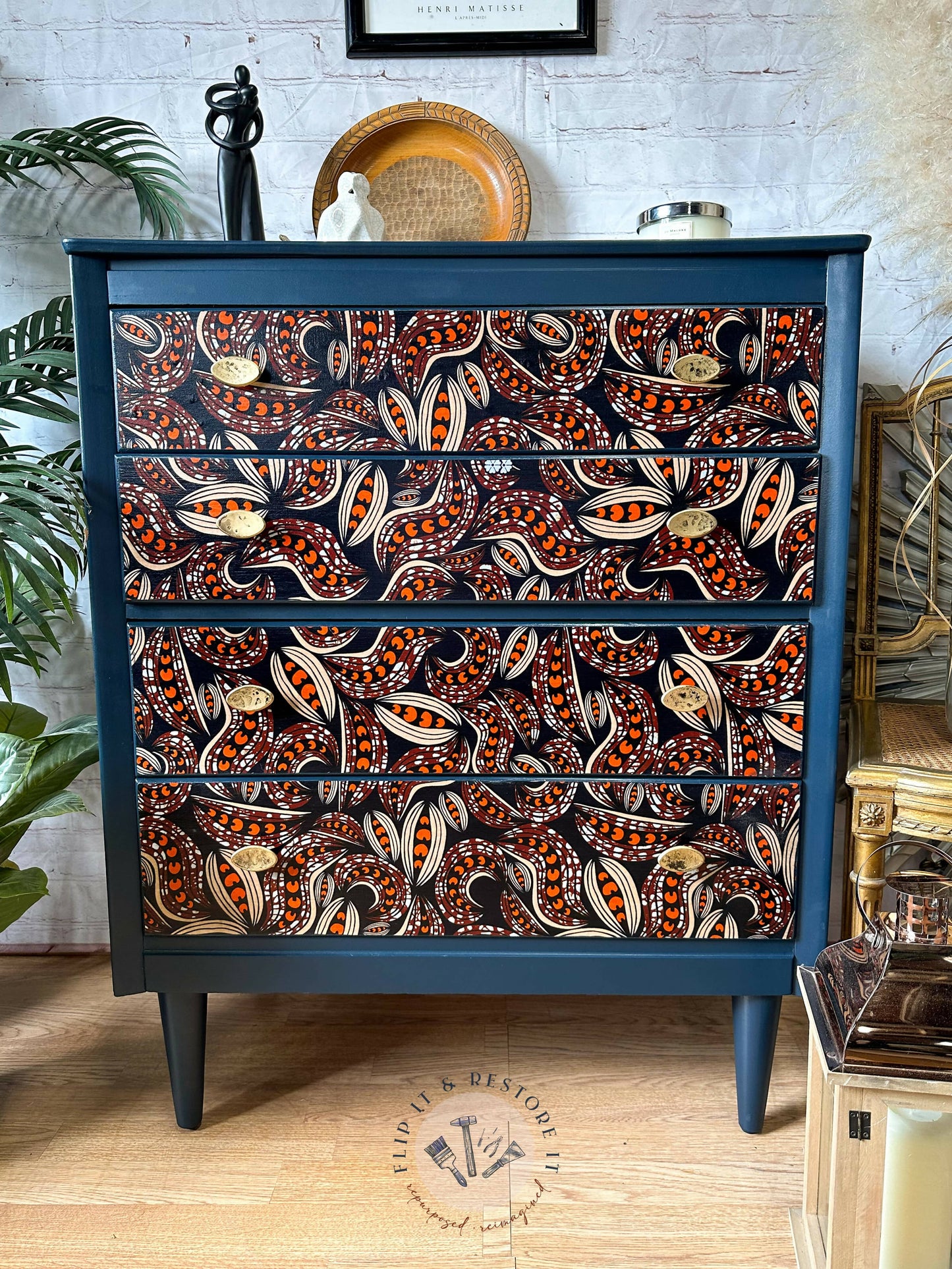Harris Lebus MCM 4 Drawer Chest of Drawers Dresser Hand-Painted in Navy Blue
