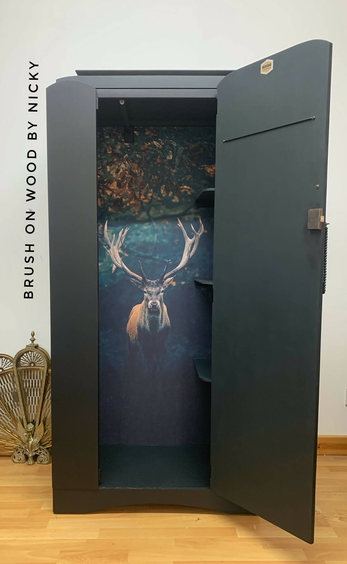 Mid Century LEBUS Black Wardrobe with Stag/Deer Design