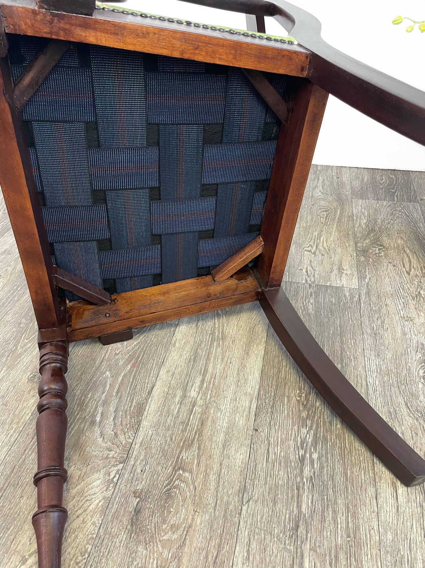 Antique Regency Mahogany Scroll Arm Desk Chair with Green Velvet Seating