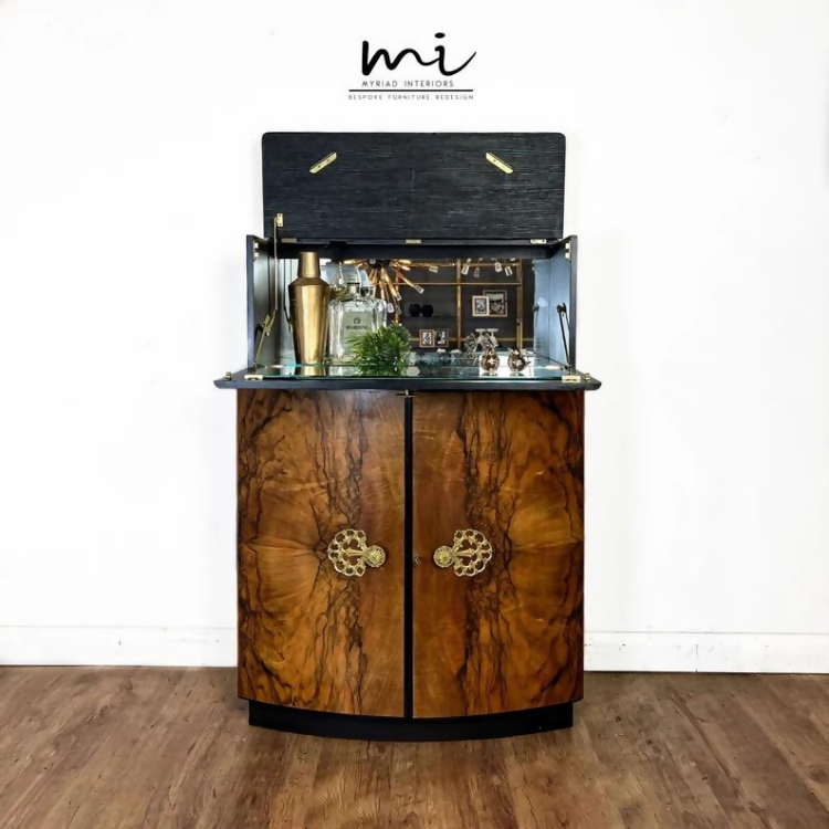 SOLD commissions available Art Deco refurbished cocktail cabinet, walnut drinks cabinet, black, statement, gin bar, upcycled, vintage - SOLD commissions available