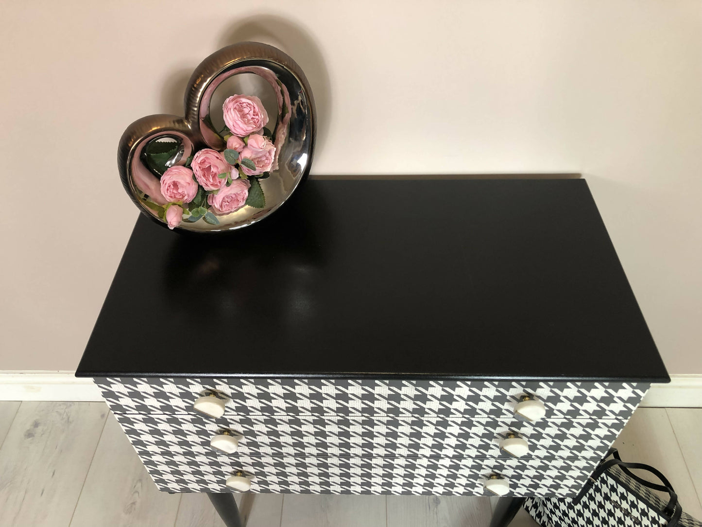 Schreiber Retro chest of 3 drawer/ Side table, Hand painted in black satin colour, Decoupaged with dogtooth pattern/ Marble handles