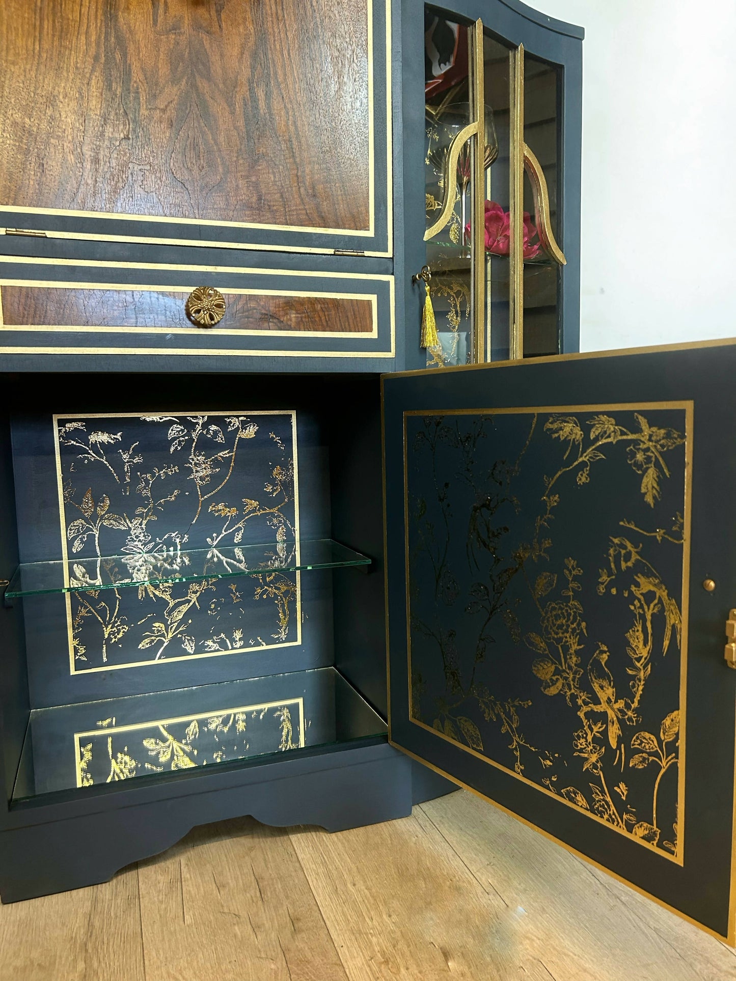 Blue and Gold Song Bird Cocktail Cabinet