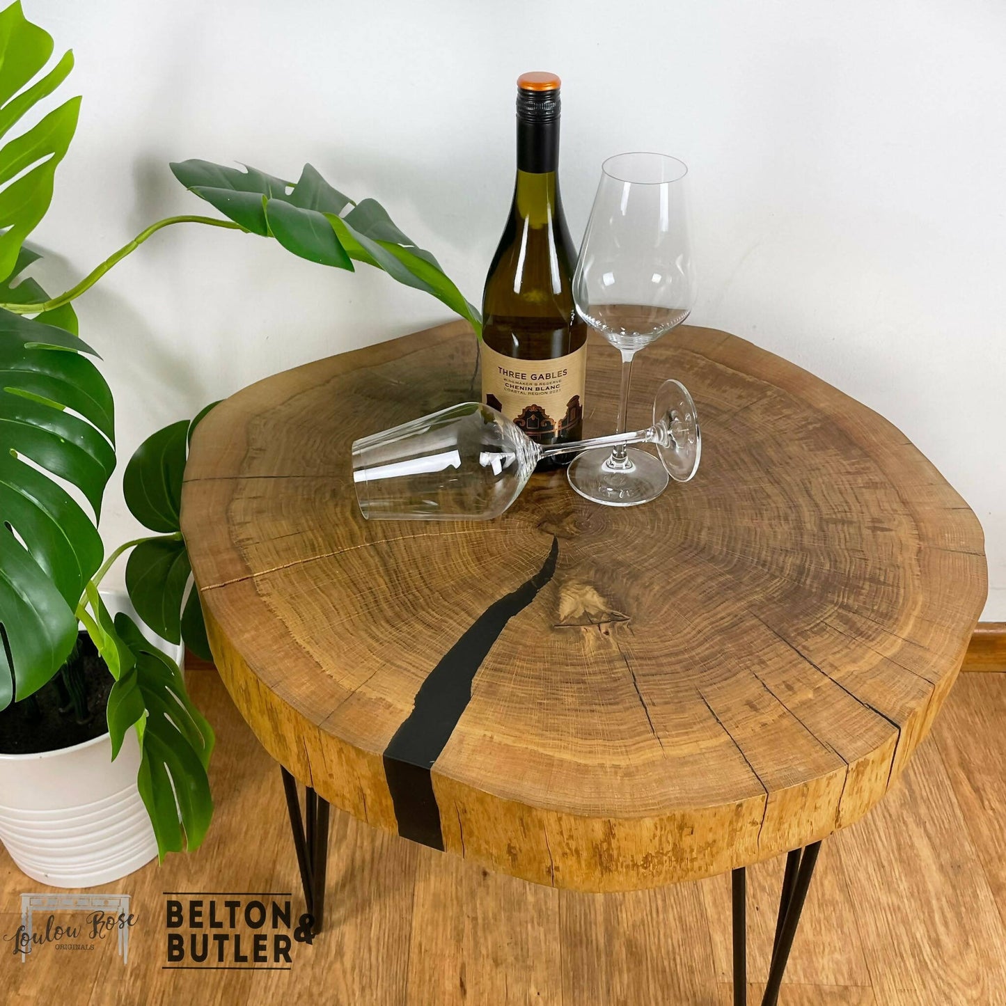 Oak Slice Black Resin Coffee Table, Side Table