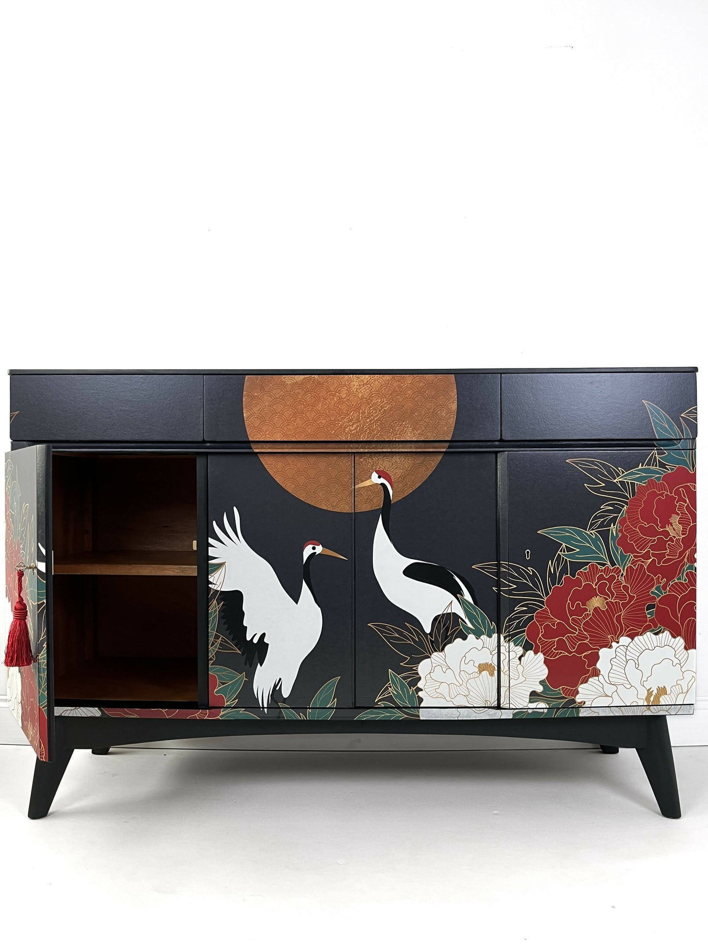 Upcycled Contemporary sideboard floral design Oriental design modern TV stand Painted TV unit Art deco sideboard Drawers and cabinets Chinoiseries