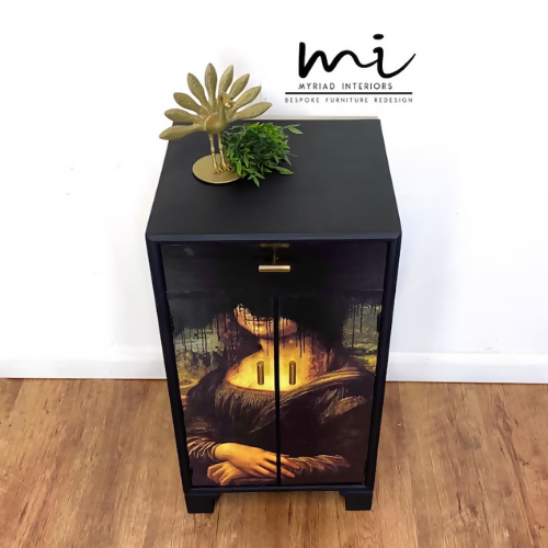 MADE TO ORDER Upcycled drinks cabinet, cocktail, hand painted, Mona Lisa, decoupage, gin bar, black - commissions available