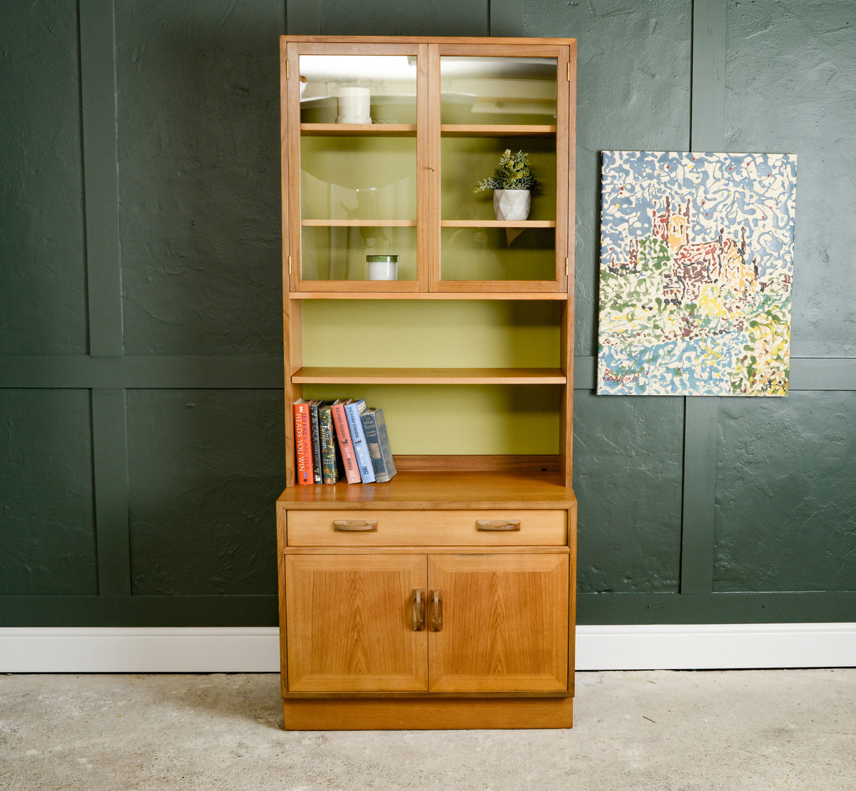 G Plan Sierra Wall Unit with Glass Doors and Green Backboard