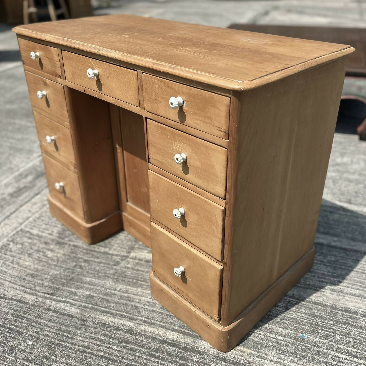 Antique Victorian Pine Kneehole Writing Office Desk With Central Cupboard