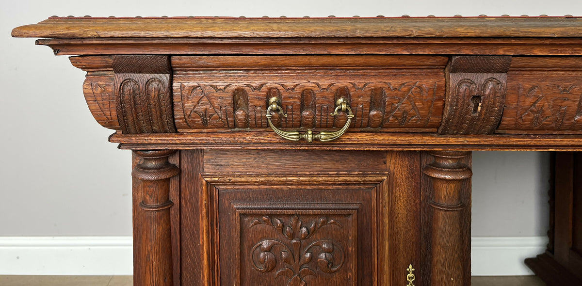 Desk Antique French Style Oak Double Sided Carved Pedestal Desk LOT 6514