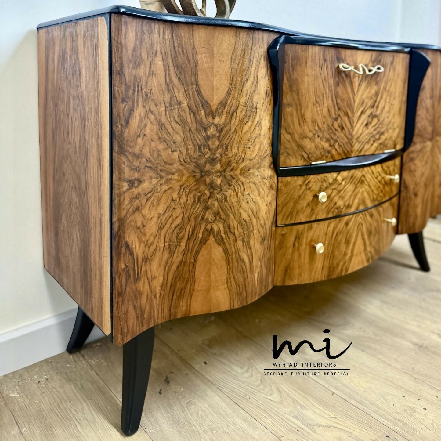 Refinished Art Deco Stonehill cocktail cabinet in black, hand painted, vintage drinks cabinet, gin bar, burr walnut, sideboard