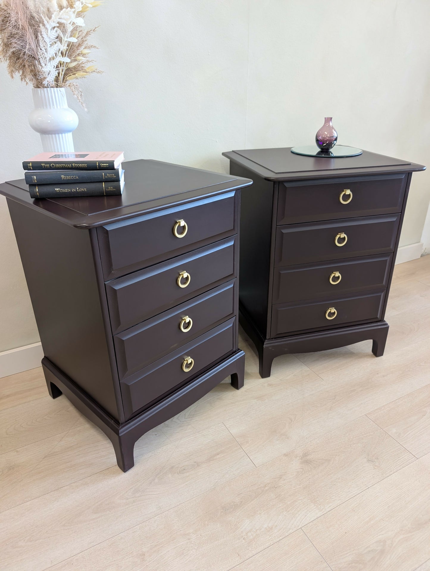 Pair of Stag Minstrel Bedside Tables Mid Century Burgundy Vintage 4 Drawer