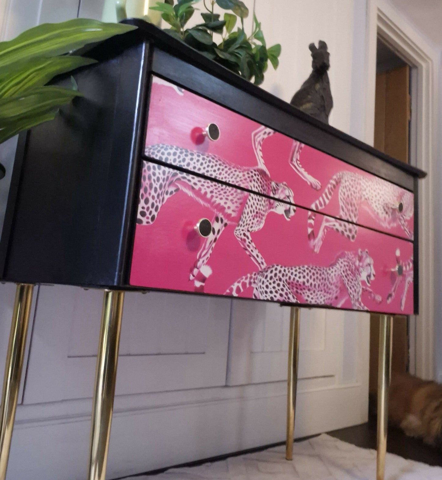 Hand Painted Vintage Mid-Century Modern Chest of Drawers: Black and Hot Pink Cheetah design