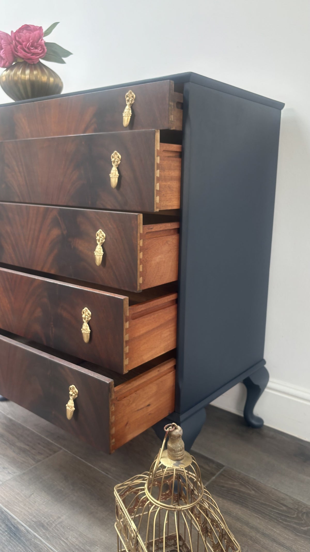 Vintage Navy Blue Flame Mahogany Dresser | Refurbished 5-Drawer Chest of Drawers | Brass Hardware Queen Anne Furniture