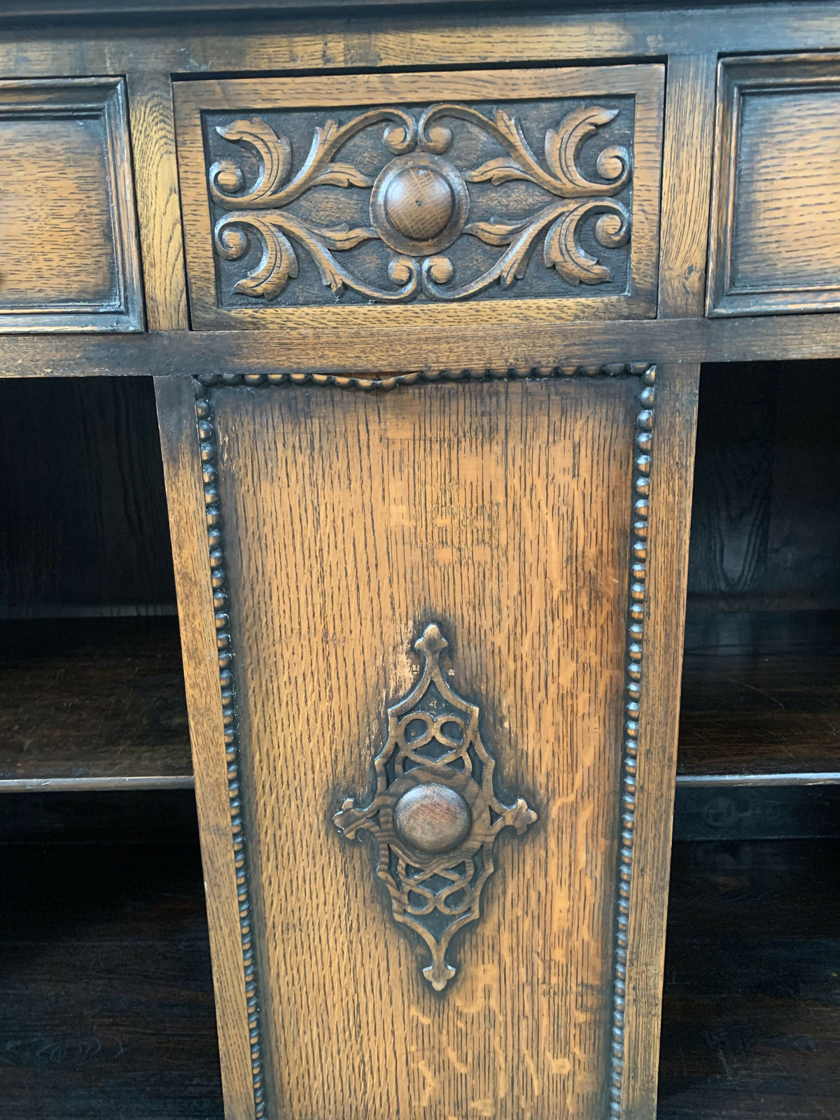 Antique 1920s Jacobean Revival Carved Oak Sideboard Geometric Buffet Cabinet