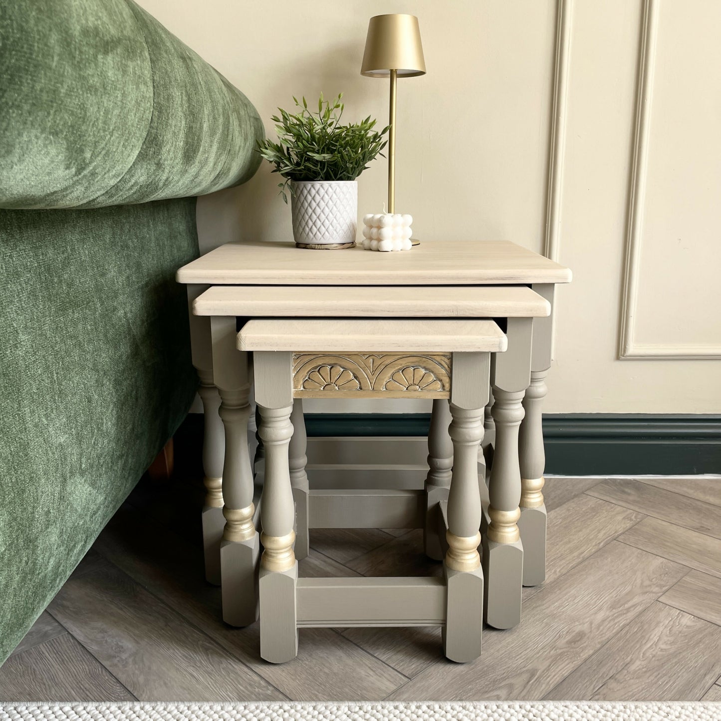 Oak Nest Of Tables | Hand Painted Side Tables Set | Solid Wood Living Room Furniture | Modern Traditional Nesting Tables