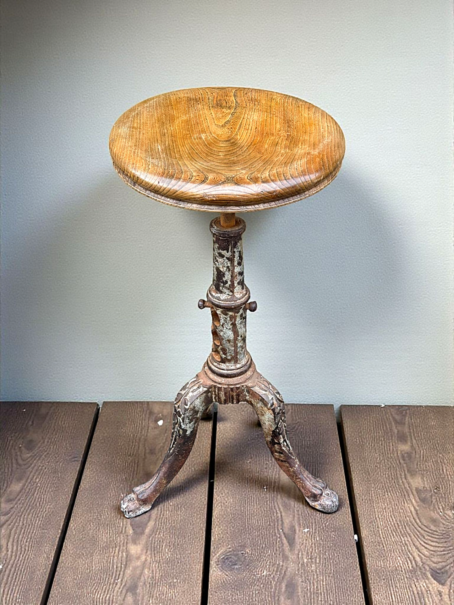 Vintage Industrial Antique Cast Iron and Elm Stool