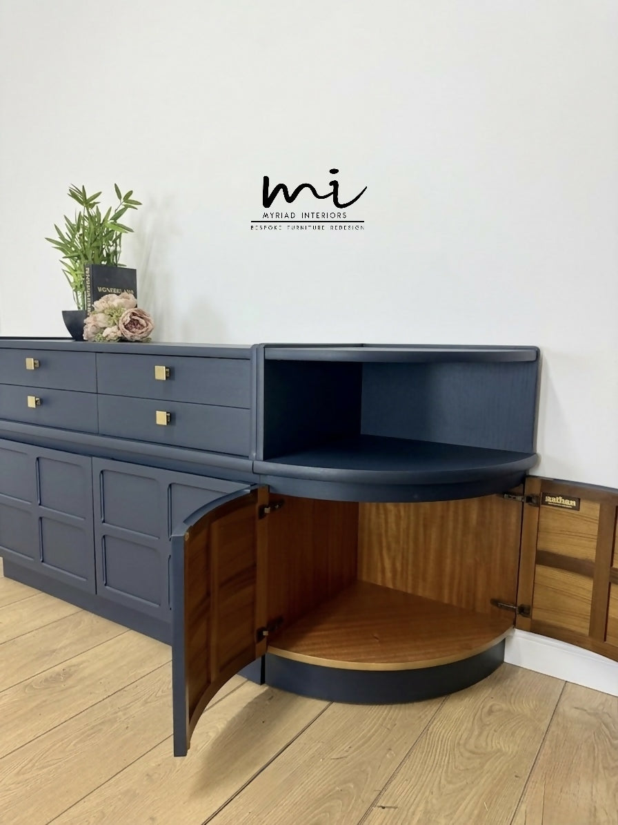 Mid Century Nathan teak modular sideboard set in navy blue, tv stand, media unit, retro corner cupboard, console, cocktail cabinet drinks