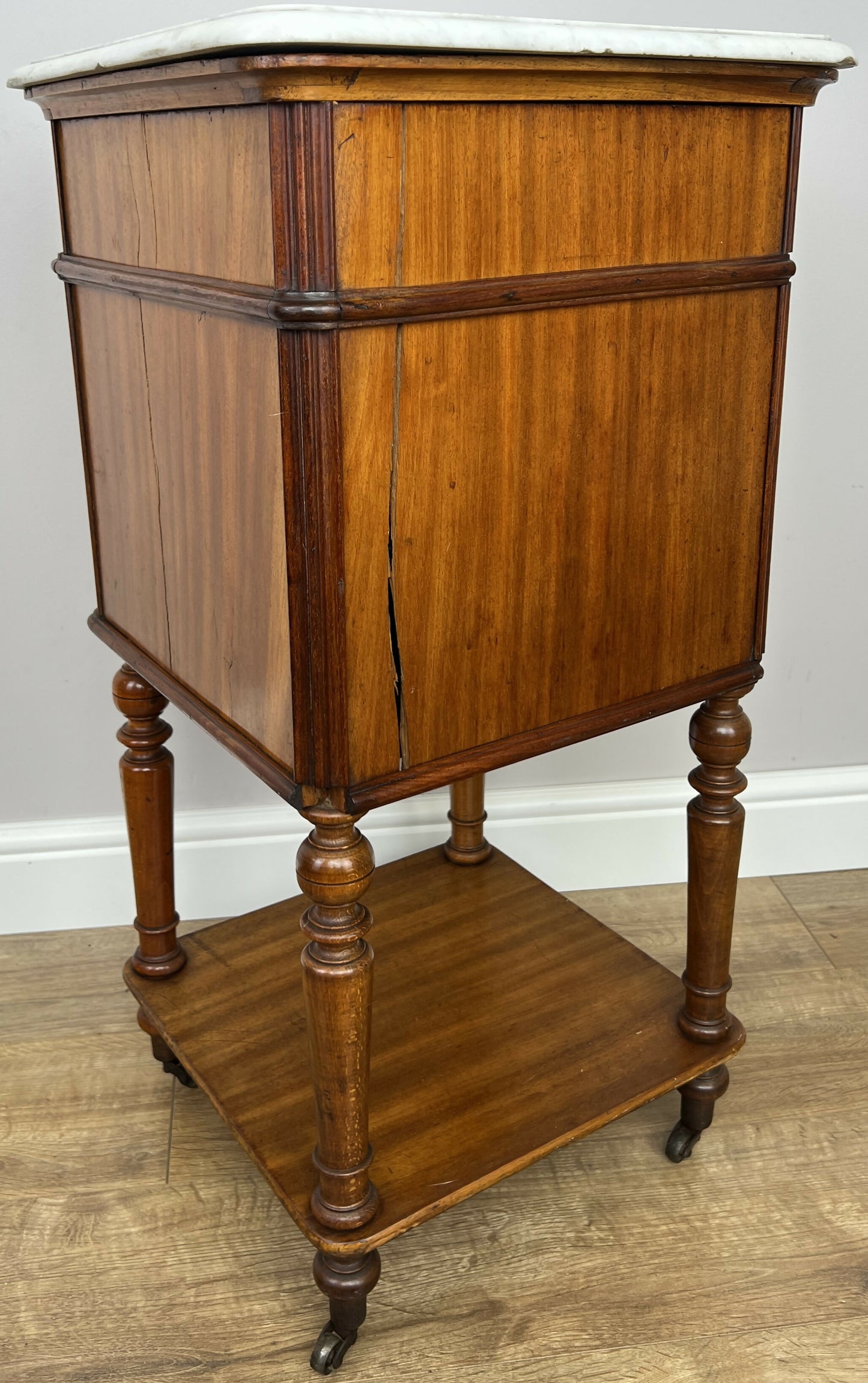 Bedside Table Antique French Style Marble Top Walnut Cabinet Nightstand LOT 6242