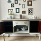Antique Sage Green Greyish Sideboard: Bow-Fronted Cabinet with Brass Rail