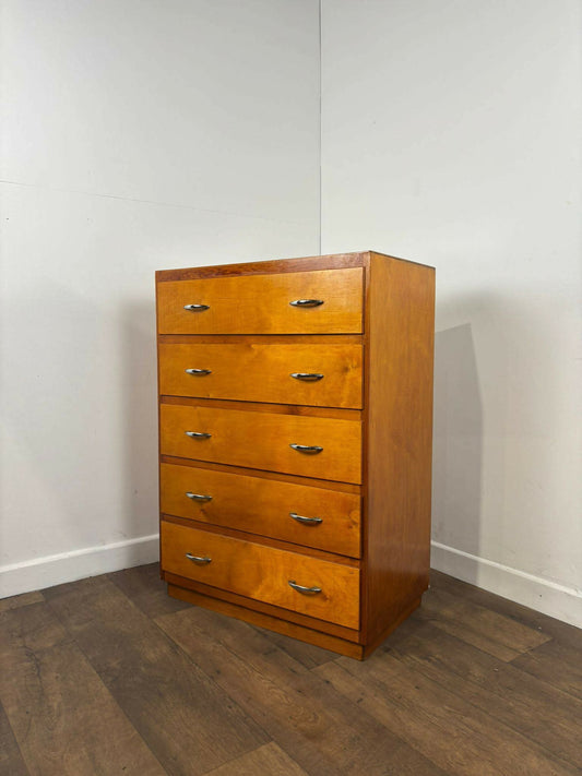 Mid Century Oak Veneer Five Drawer Bedroom Chest