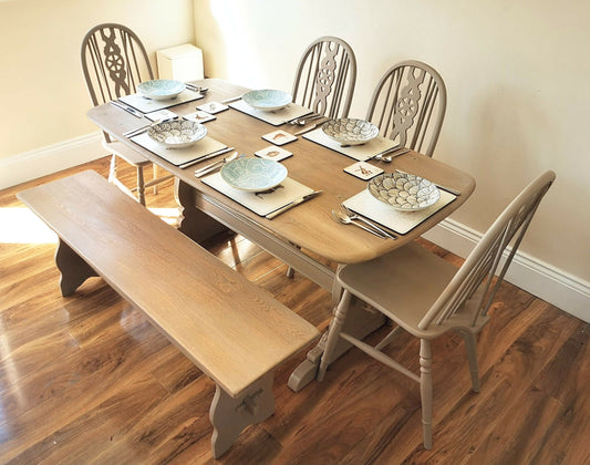 An Original Paint Washed and Waxed Ercol Dining Table with Bench & 4 Chairs